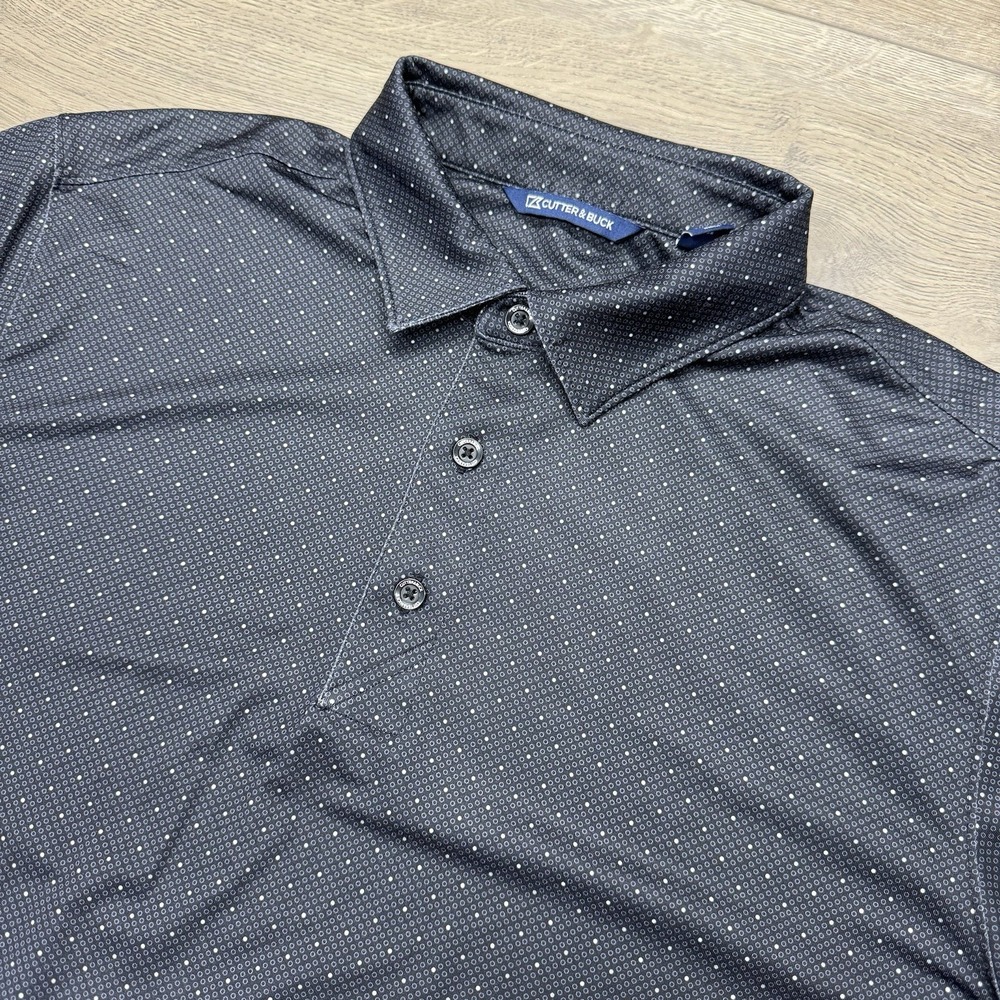 Cutter & Buck Black Gray Geometric Print Polo Men's Sz L Sleeve Logo Golf Casual